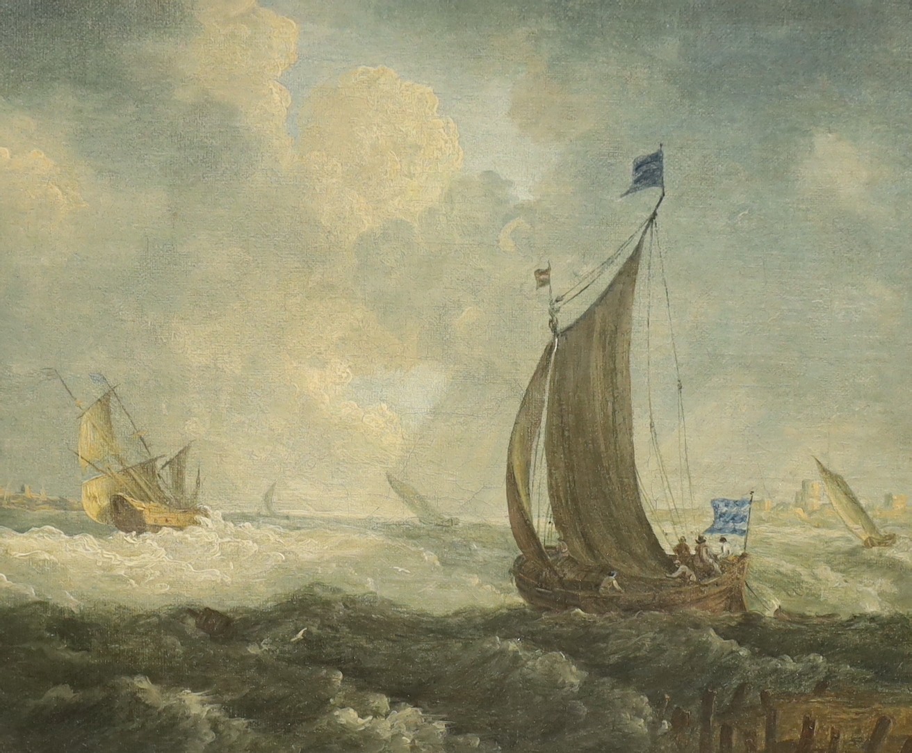 Follower of Willem Van de Velde (19th century), oil on canvas, Shipping off the coast, 25 x 30cm